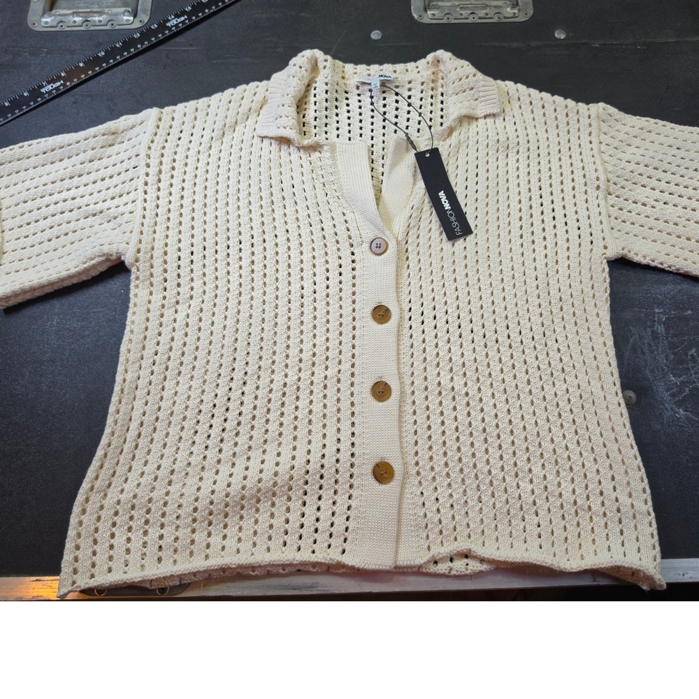 Fashion Nova Sandy Crochet Short Set Top Beige Button Front Cardigan KBNM4080704